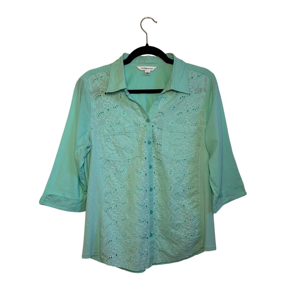 Croft & Barrow L Blue Cotton Eyelet Button Up Casual Minimalist Cottage Costal